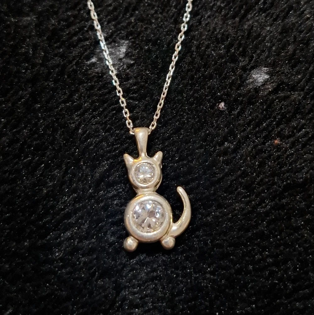 🐈Vintage 925 Sterling Silver Cubic Zirconia CZ Kitty Cat Necklace